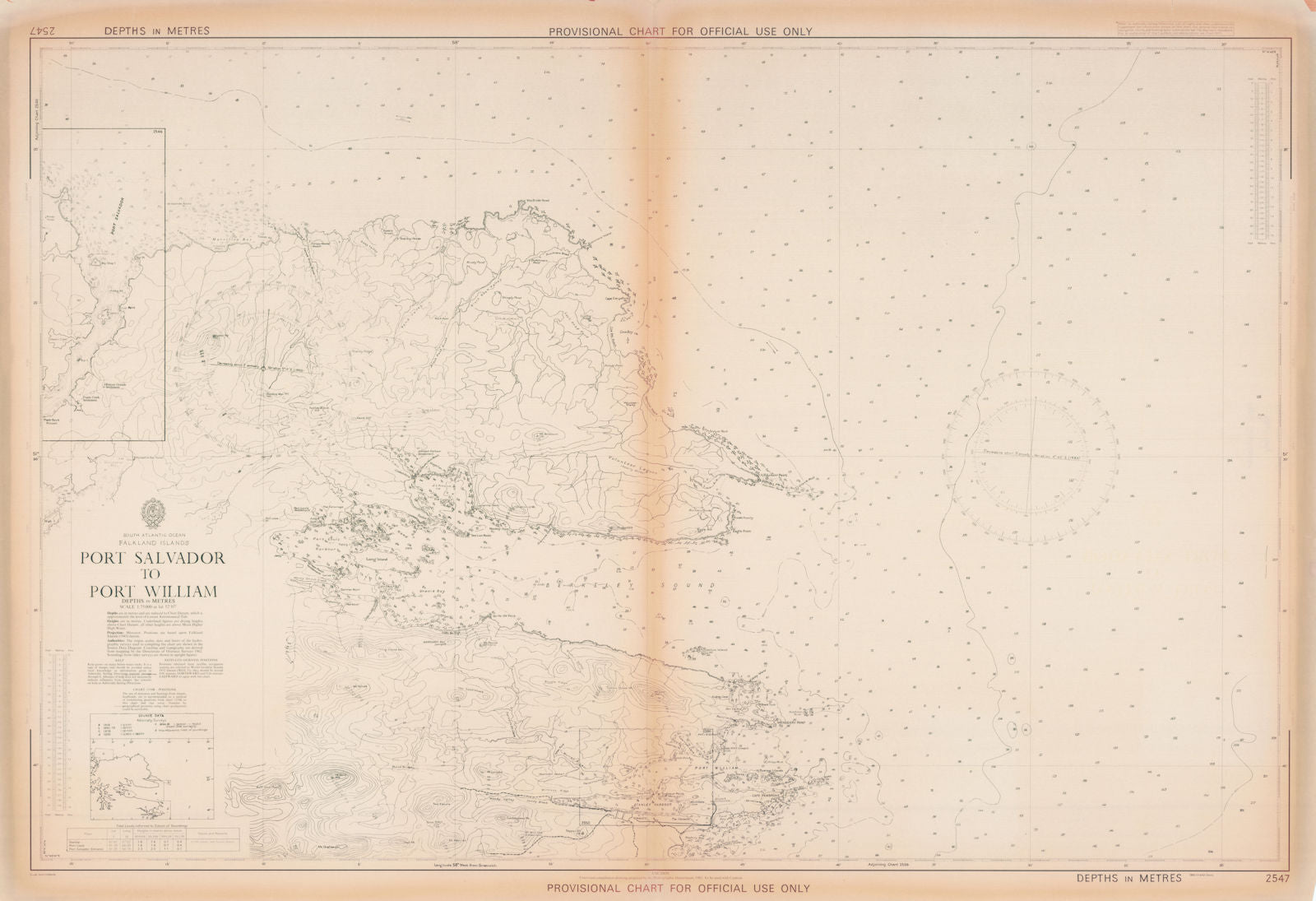 East Falkland. Ports Salvador/William. Admiralty. From HMS Glamorgan 1982 map